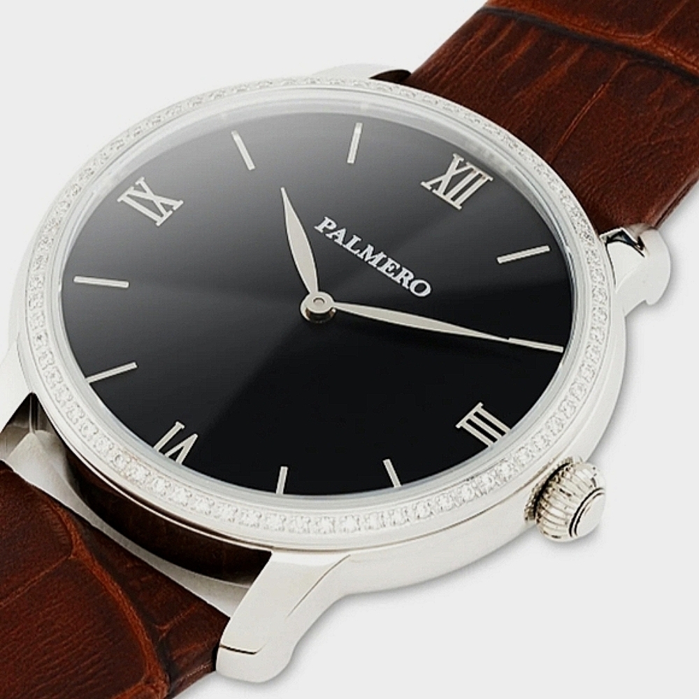 Palermo Watch Brown Leather Moissanite Gemstone Bezel - Picture 4 of 9